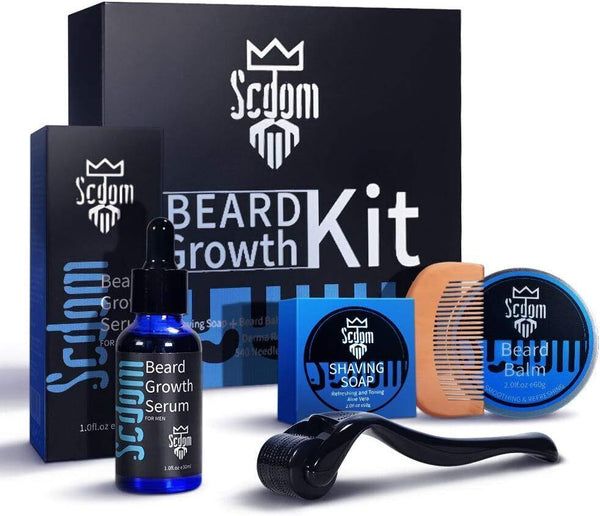 Scdom Beard Growth Kit - Derma Roller, Serum, Balm, Soap, Comb