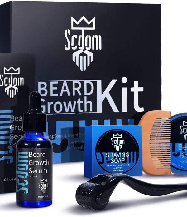 Scdom Beard Growth Kit - Derma Roller, Serum, Balm, Soap, Comb