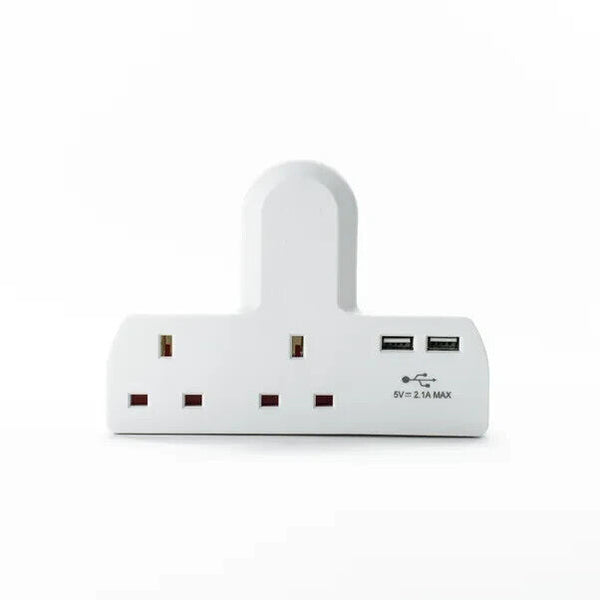 2 Way Gang Adaptor with 2x USB Charge UK Mains Multi Plug Power Socket