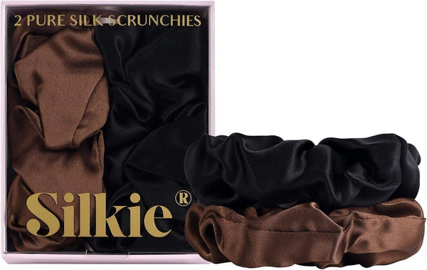 SILKIE 2-Pack Mulberry Silk Scrunchies with Travel Pouch, Coffee Black