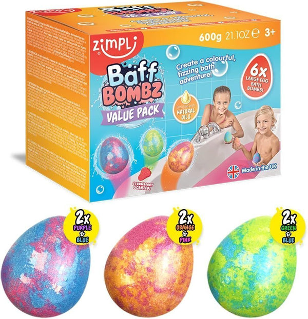 Zimpli Kids Large Egg Bath Bombs, 6-Pack for Colorful Fizzing Bath Time