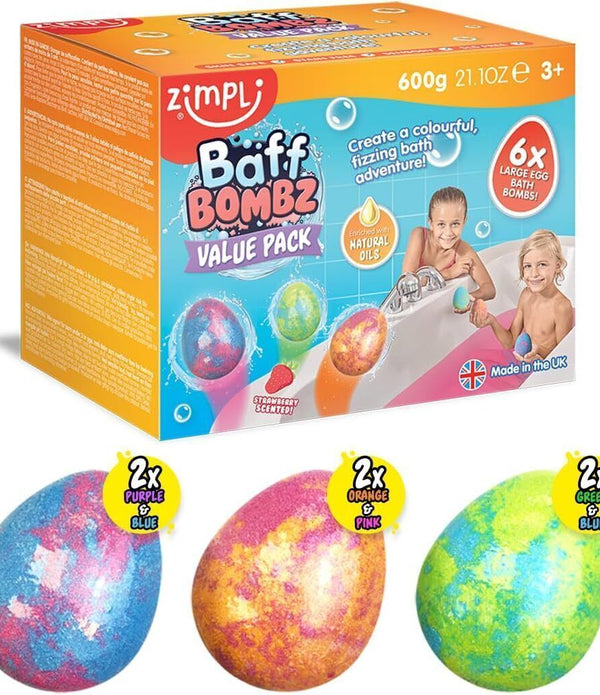 Zimpli Kids Large Egg Bath Bombs, 6-Pack for Colorful Fizzing Bath Time