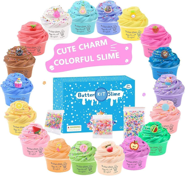 18-Pack Christmas Fluffy Butter Slime Kit - Super Soft DIY Putty with Charms