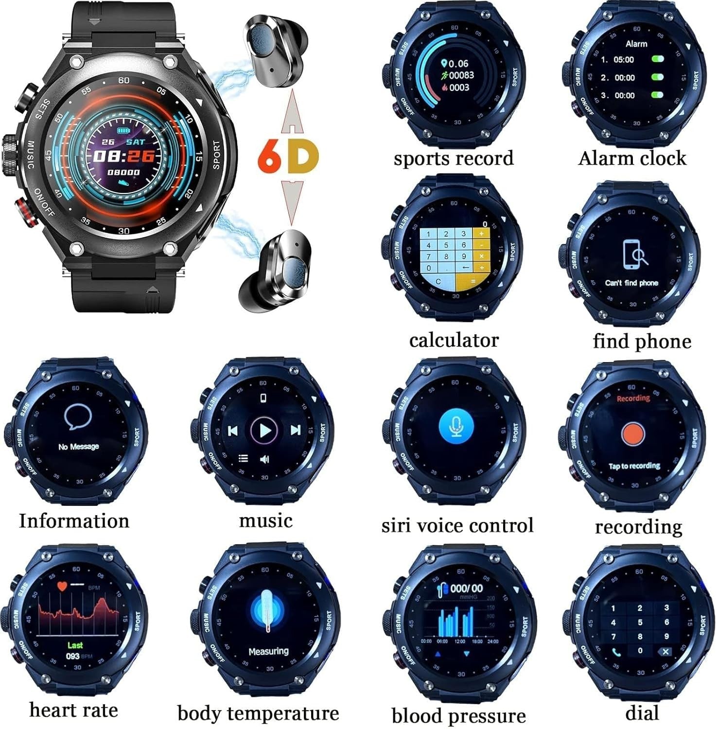 CISIYOO Smart Watch with Earbuds 1.28in Touch Screen IP67 Android iOS Tracker