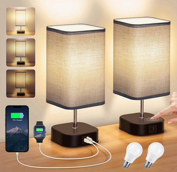 Bedside Lamps Set of 2 with USB Charging Ports, Dimmable Fabric Shade Bulbs