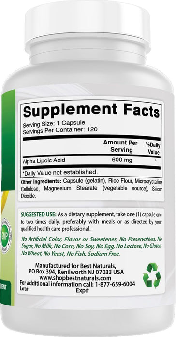 Best Naturals Alpha Lipoic Acid 600mg - 120 Antioxidant Capsules