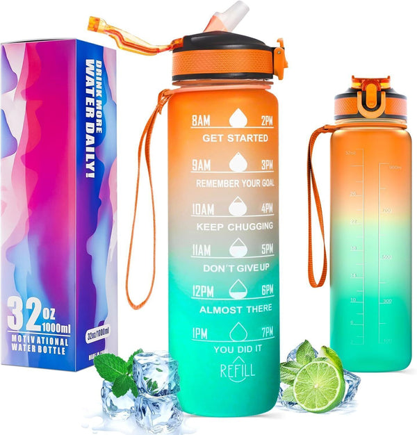 SAKERIN 1L Leak-Proof Water Bottle with Straw & Time Marker, BPA Free