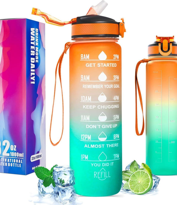 SAKERIN 1L Leak-Proof Water Bottle with Straw & Time Marker, BPA Free