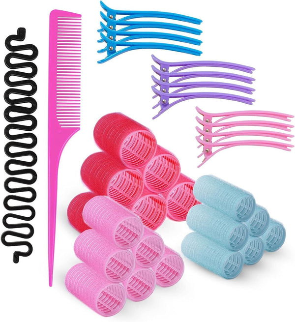 Rollicky 32Pcs Hair Rollers Set - Self Grip, Clips, Braider & Comb