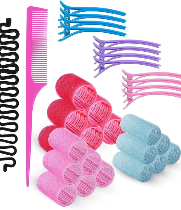Rollicky 32Pcs Hair Rollers Set - Self Grip, Clips, Braider & Comb