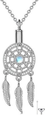 VONALA Sterling Silver Urn Necklace for Ashes Dream Catcher Moonstone Pendant