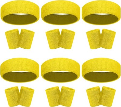 18Pc Colorful Striped Sweatbands Headband & Wristband Set Yellow
