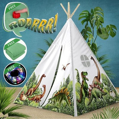 W&O Dinosaur Teepee Tent Kids Roar Button LED Lights Plush Mat Play Tent
