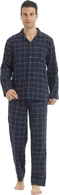 Mens Cotton Pyjamas Set Christmas Checked Button Down Shirt Pants Navy Blue