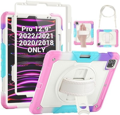 SEYMAC iPad Pro 12.9 Case 2018-2022 Rugged Stand Strap + Protector Pink