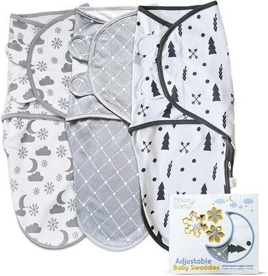Moon Snow 0-3M Swaddle Wraps 3Pk Zip Nappy Access 100% Organic Cotton Grey