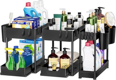 Puricon 3 Pack Under Sink Storage Organiser 2 Tier Sliding Black Kitchen