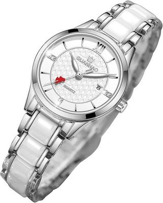 GUANHAO Ceramic Watches for Women Diamond Dial Silver Waterproof Ladies Watch