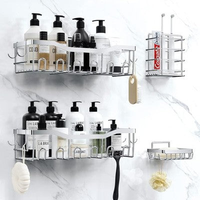 kitnice Bathroom Shower Shelves Silvery 4 Pack No Drilling Caddy 15 Hooks