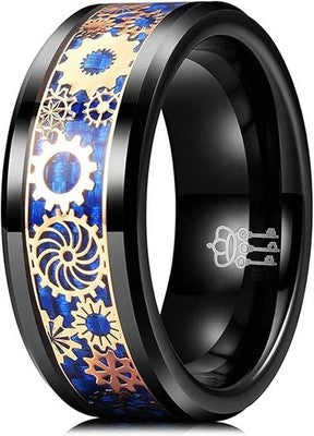 Three Keys 8mm Tungsten Carbide Gear Meteorite Wedding Ring Blue Black M