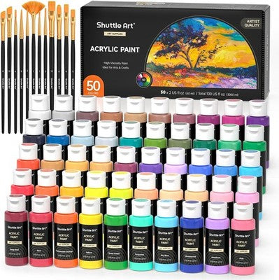 Shuttle Art Acrylic Paint Set 50 Colours 60ml with 10 Brushes for Canvas Wood