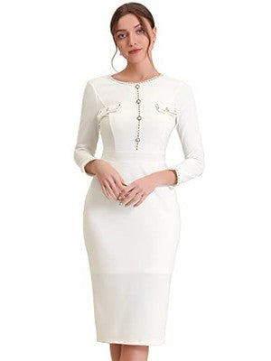 Allegra K Women's Tweed Button Front Dress, White, Size 12