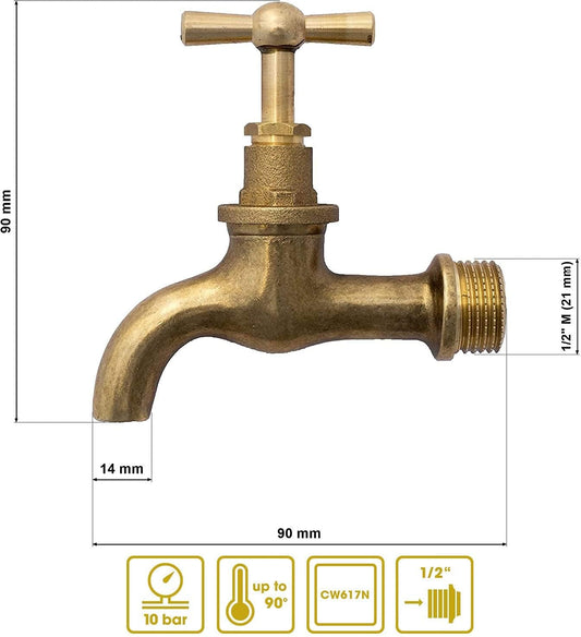 BFG Vintage Polished Brass Outside Garden Tap, 1/2" Water Butt Bib Tap, 2 Pack