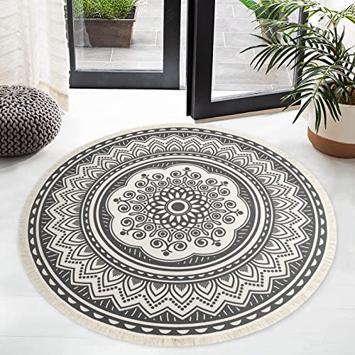 Yomshi 4ft Circle Rug Round Area Rug Cotton Woven Rug With Tassels Boho Rug