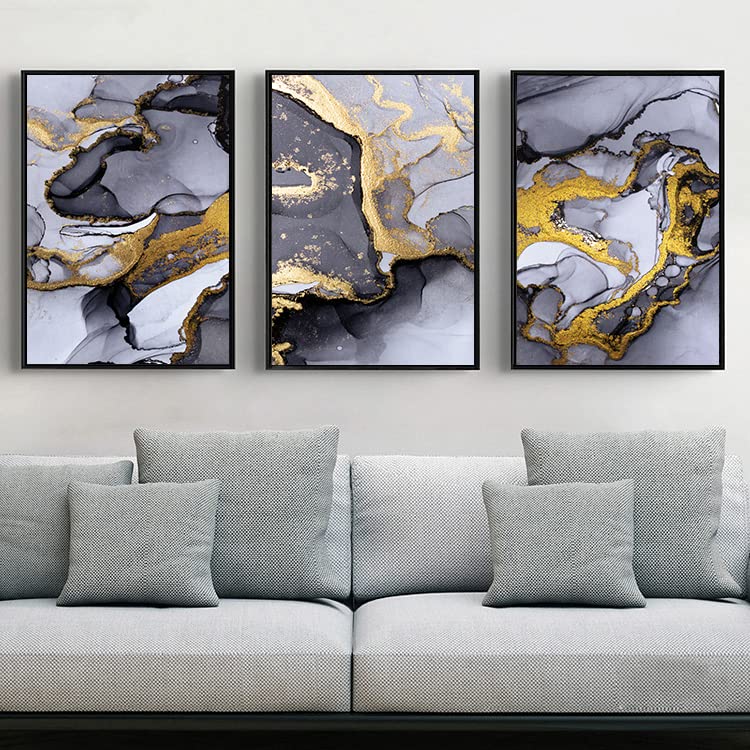 Lyboho Wall Pictures Living Room Grey Golden Fluid Art, 30x40cm, 3PCS