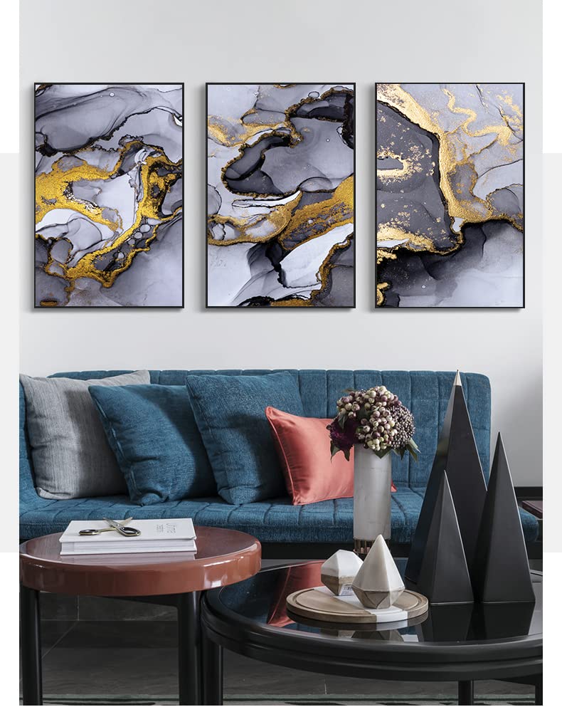 Lyboho Wall Pictures Living Room Grey Golden Fluid Art, 30x40cm, 3PCS