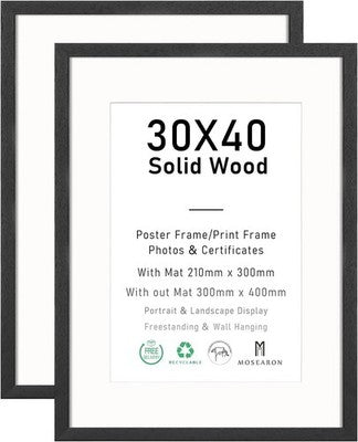 30x40cm Black Photo Frames Set of 2 Solid Wood for A4 & 10x15cm Wall Mount