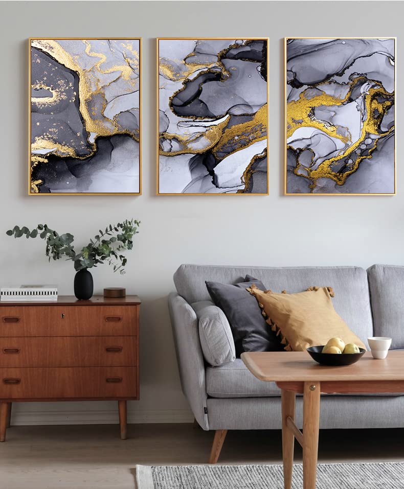 Lyboho Wall Pictures Living Room Grey Golden Fluid Art, 30x40cm, 3PCS