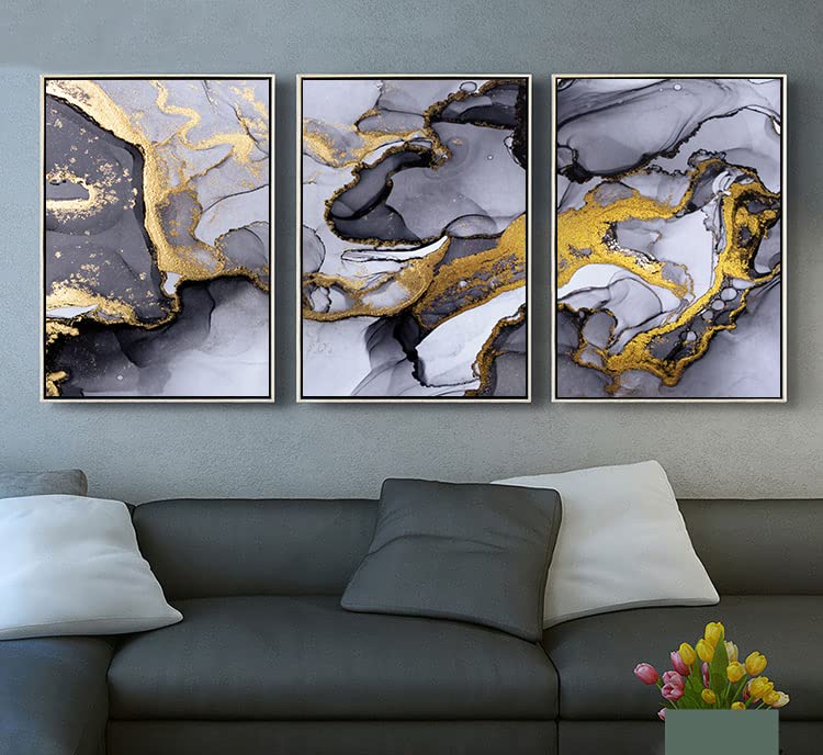 Lyboho Wall Pictures Living Room Grey Golden Fluid Art, 30x40cm, 3PCS