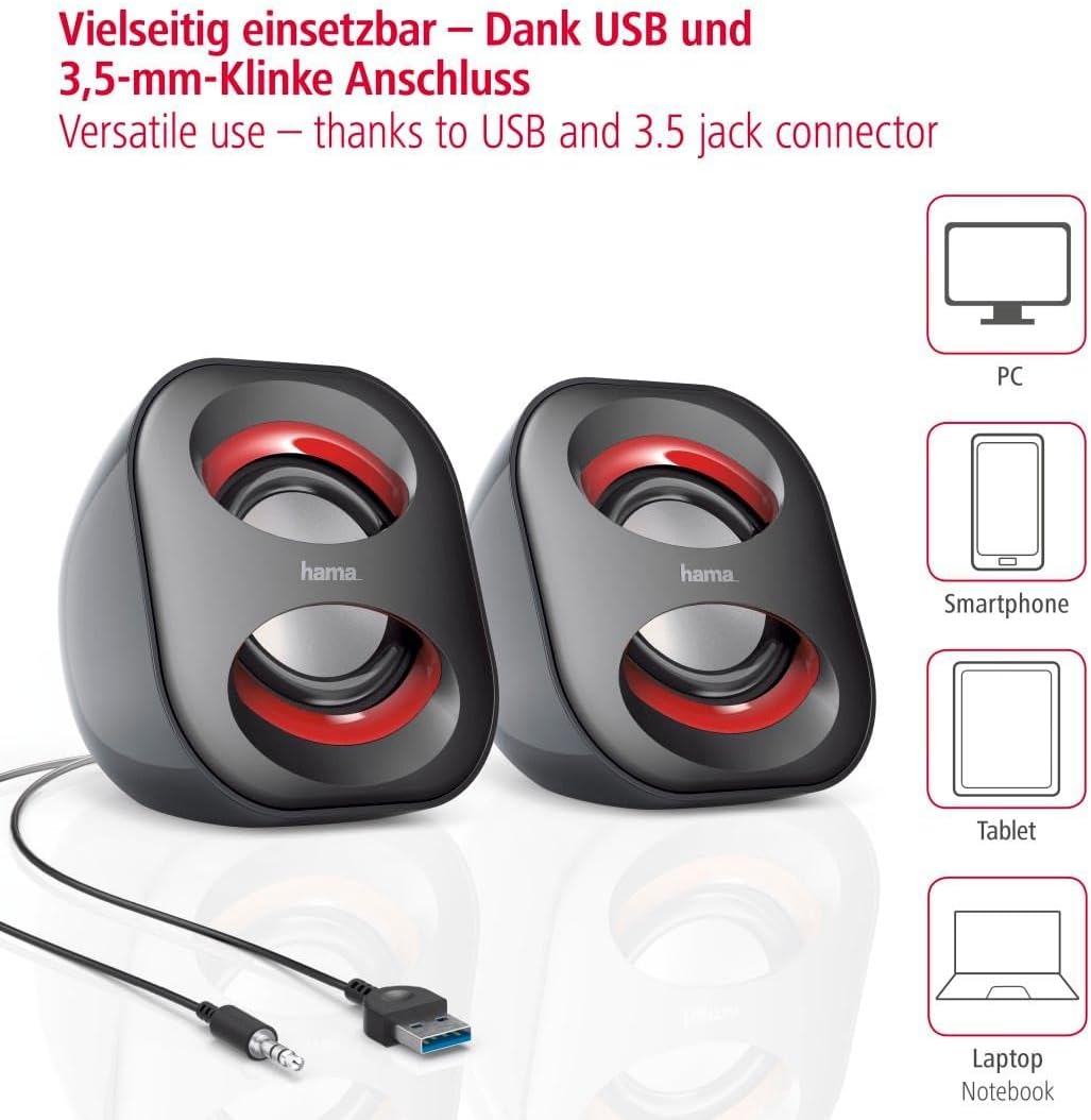 Hama Sonic Mobil PC Speakers x2 USB 3.0 3.5mm Jack 3W Active Black Red