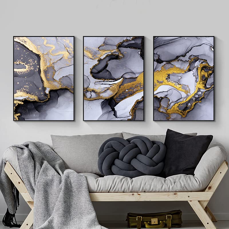 Lyboho Wall Pictures Living Room Grey Golden Fluid Art, 30x40cm, 3PCS
