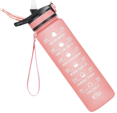 Motivational Water Bottles 1L With Time Marker & Straw, Large Fitness, Pink