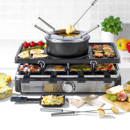 Salter Electric Raclette Grill Fondue 2-in-1 1400W Smokeless Indoor Set 6 Forks