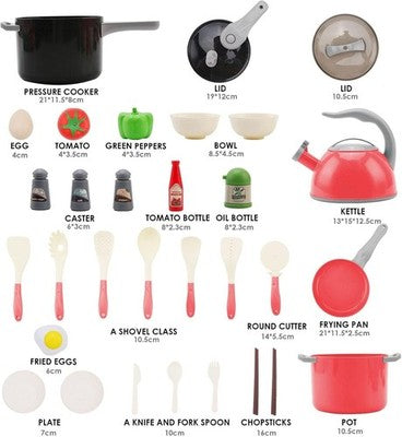 Yopotika 32Pcs Kitchen Pretend Playset - Red Cookware Toys For Kids 3-6