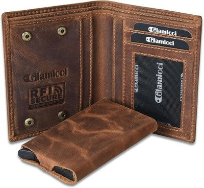 Glamicci RFID Slim Pop Up Card Holder Wallet Detachable Case Hunter Tan