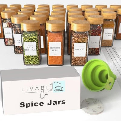 Livabl Bamboo Spice Jars with Lids and Labels 120ml 12 Pack Storage Set