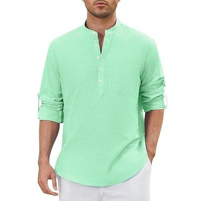 Enlision Mens Cotton Linen Shirt Long Sleeve Henley Button Sage Green 4XL