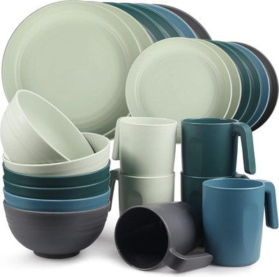 Greentainer 24pc Plastic Dinnerware Set Plates Bowls Cups Service for 6