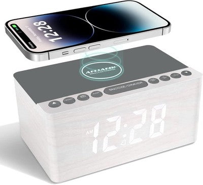 ANJANK Wireless Charging Alarm Clock Wooden FM Radio 10W Fast Charger USB