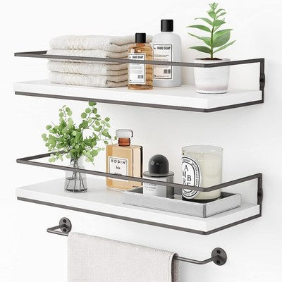 NUCAZA Floating Shelves Set of 2 Solid Wood Wall Mount White/Black Storage