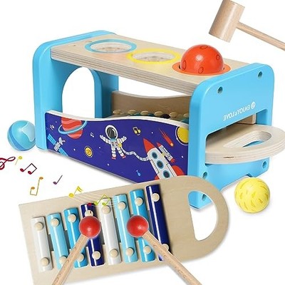 NUKied Pound A Ball Wooden Pounding Bench with Slide Out Xylophone Kids Toy