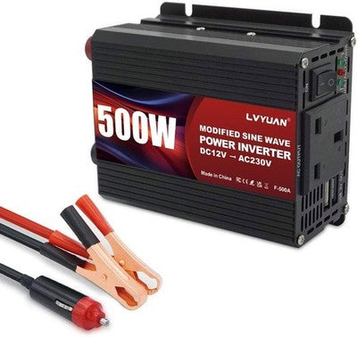 LVYUAN 500W Power Inverter 12V to 230V AC Transformer with UK Sockets USB