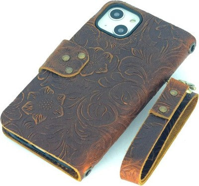 JJNUSA iPhone 14 6.1" Leather Wallet Case Flip Cover w/ Wristlet Brown