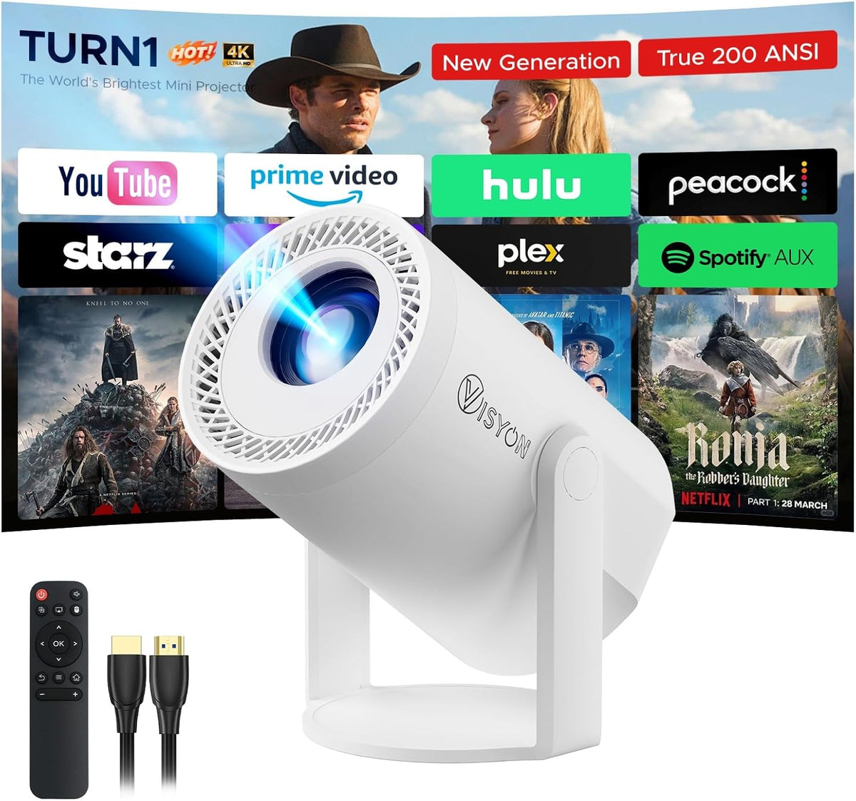 Turn 1 Projector 2026 1080P Supported Android 14.0 200 ANSI Portable White