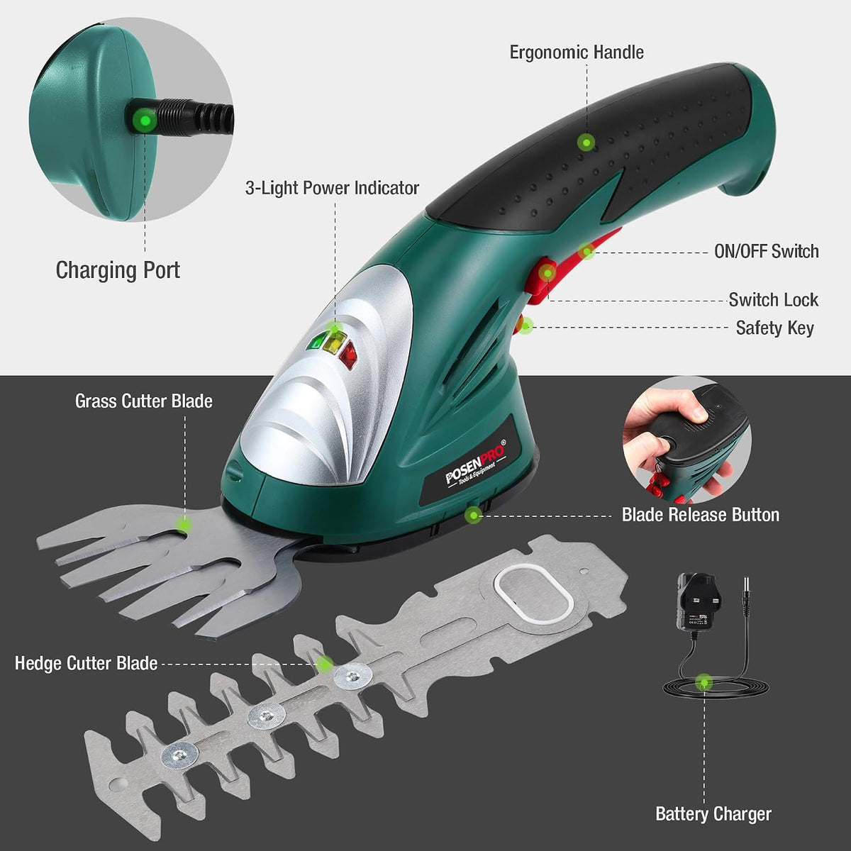 POSENPRO 7.2V Cordless 2-in-1 Hedge Trimmer Grass Shrub Shear Lithium-Ion