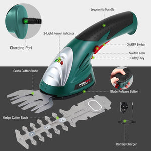 POSENPRO 7.2V Cordless 2-in-1 Hedge Trimmer Grass Shrub Shear Lithium-Ion